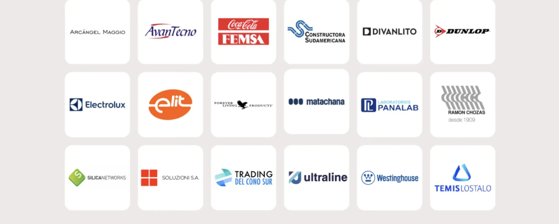 Logos de clientes de Logística TOPS: Coca-Cola FEMSA, Electrolux, Dunlop, Laboratorios Panalab, Matachana, Westinghouse y más.